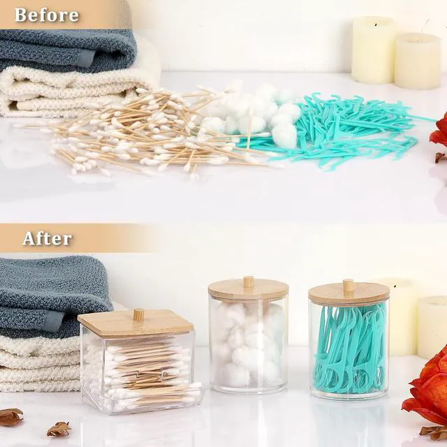 Alt view image 5 of 7 - 3 Pack Acrylic Bathroom Apothecary Jar Clear Qtip Holder Dispenser with Lid Plastic Canister Set Bathroom Accessories Storage Organizer for Cotton Round Floss Picks