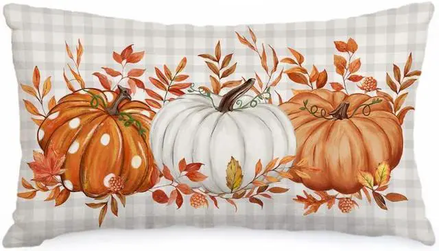 Main image of Fall Pillow Cover 12x20 Inch Buffalo Pliad Pumpkin Maple Leaves Decor Autumn Thanksgiving Decorative Farmhouse Cushion Case for Sofa Couch (Orange) AA161-12
