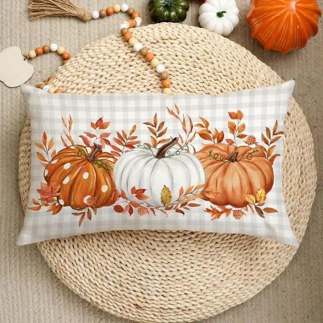 Alt view image 2 of 6 - Fall Pillow Cover 12x20 Inch Buffalo Pliad Pumpkin Maple Leaves Decor Autumn Thanksgiving Decorative Farmhouse Cushion Case for Sofa Couch (Orange) AA161-12