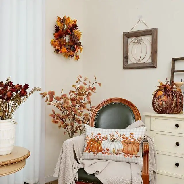 Alt view image 3 of 6 - Fall Pillow Cover 12x20 Inch Buffalo Pliad Pumpkin Maple Leaves Decor Autumn Thanksgiving Decorative Farmhouse Cushion Case for Sofa Couch (Orange) AA161-12