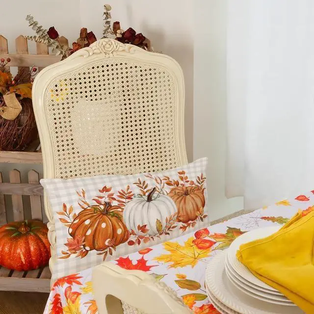 Alt view image 4 of 6 - Fall Pillow Cover 12x20 Inch Buffalo Pliad Pumpkin Maple Leaves Decor Autumn Thanksgiving Decorative Farmhouse Cushion Case for Sofa Couch (Orange) AA161-12