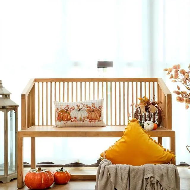 Alt view image 5 of 6 - Fall Pillow Cover 12x20 Inch Buffalo Pliad Pumpkin Maple Leaves Decor Autumn Thanksgiving Decorative Farmhouse Cushion Case for Sofa Couch (Orange) AA161-12