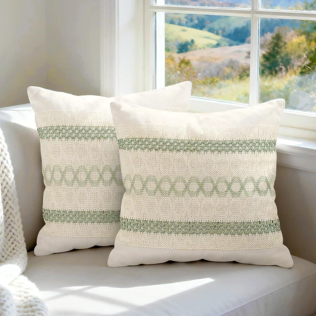 Main image of Set of 2 Sage Green Boho Throw Pillow Covers 18x18 Inch Decorative Cushion Covers for Couch Bed Sofa Chair Cotton Macrame Décor Decorations (Type B)