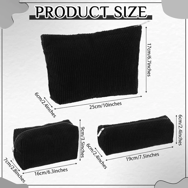 Alt view image 2 of 7 - 3 Pcs Corduroy Makeup Bag Set for Women, Black, Solid Style