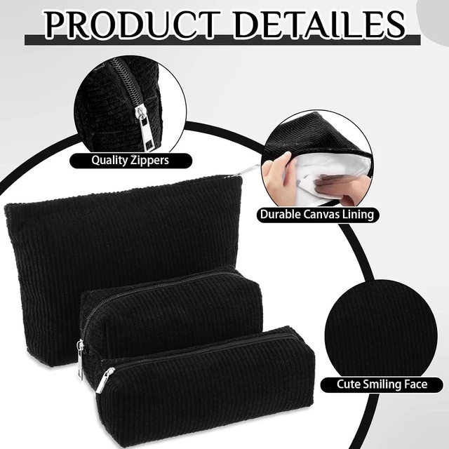 Alt view image 3 of 7 - 3 Pcs Corduroy Makeup Bag Set for Women, Black, Solid Style