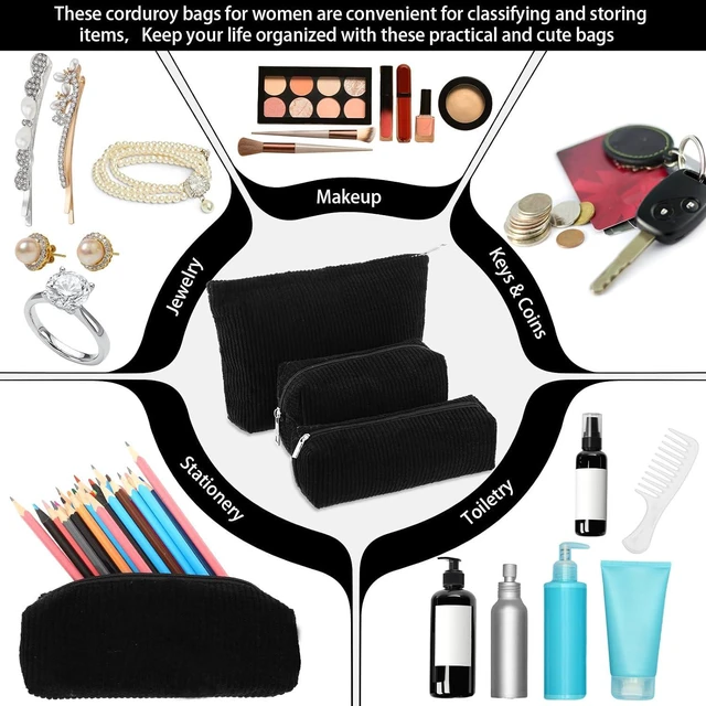 Alt view image 4 of 7 - 3 Pcs Corduroy Makeup Bag Set for Women, Black, Solid Style