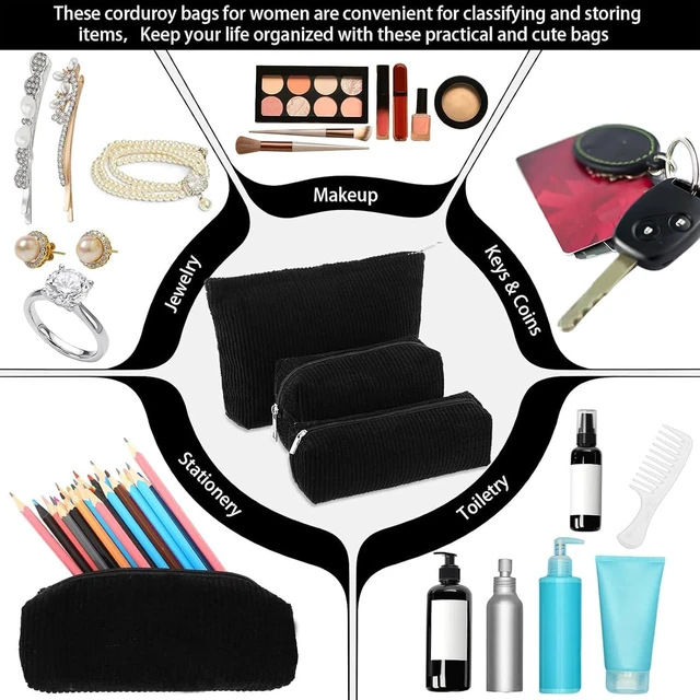 Alt view image 5 of 7 - 3 Pcs Corduroy Makeup Bag Set for Women, Black, Solid Style