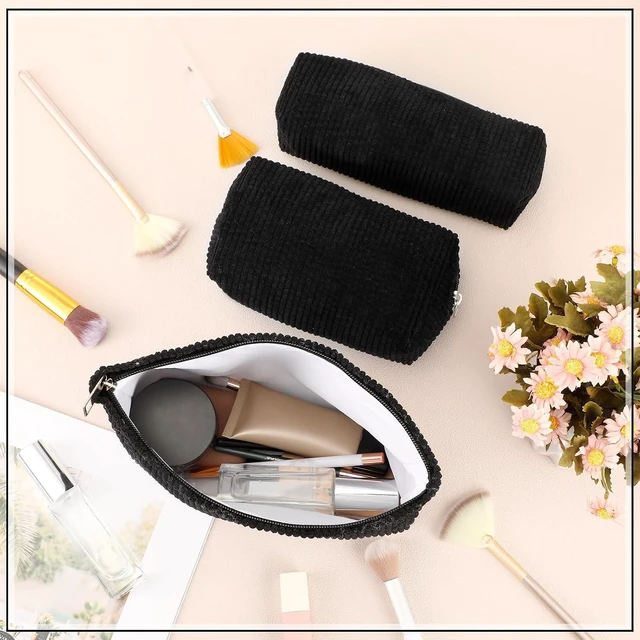 Alt view image 6 of 7 - 3 Pcs Corduroy Makeup Bag Set for Women, Black, Solid Style