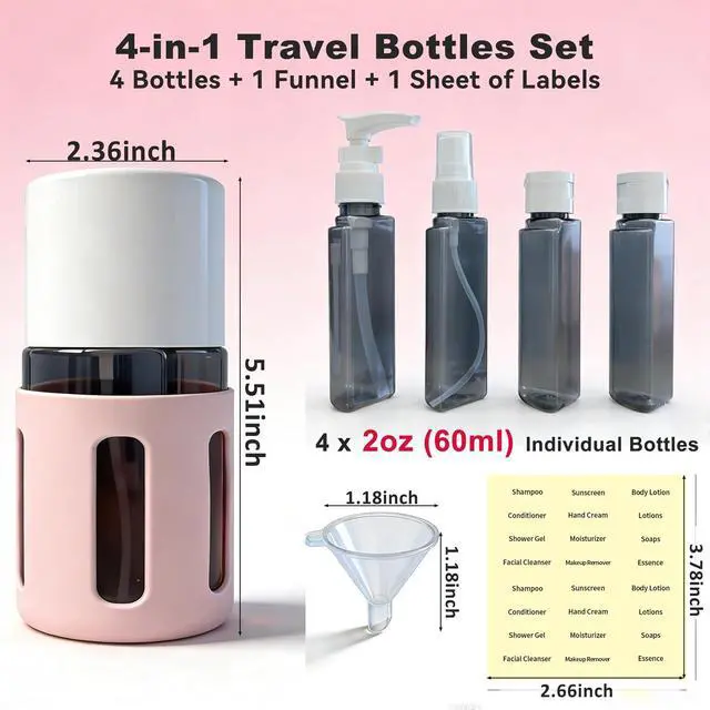 Alt view image 2 of 6 - 4-in-1 Refillable Cosmetic Containers, TSA Approved Travel Toiletry Kit