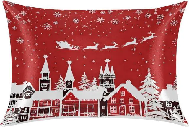 Main image of Christmas Satin Pillowcase for Hair and Skin Queen Size Reindeer Santa Christmas Silk Pillowcase Silky Pillowcases with Zipper 20x30 Inches Cooling Pillow Cover