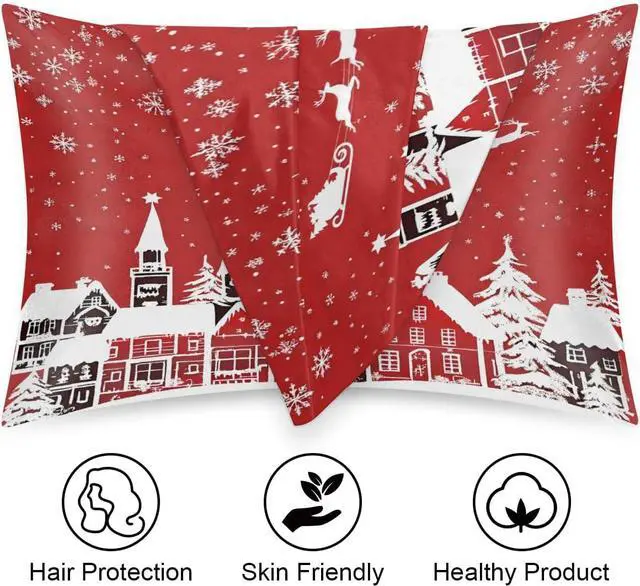 Alt view image 2 of 6 - Christmas Satin Pillowcase for Hair and Skin Queen Size Reindeer Santa Christmas Silk Pillowcase Silky Pillowcases with Zipper 20x30 Inches Cooling Pillow Cover