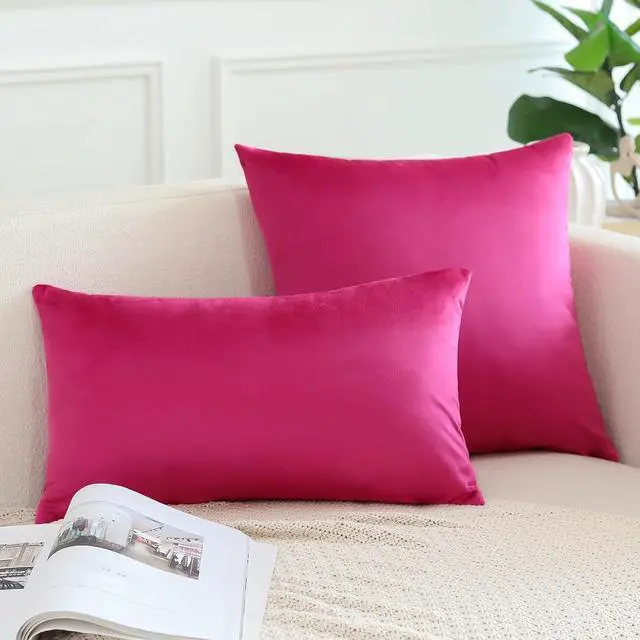 Alt view image 3 of 7 - Pack of 2 Velvet Soft Decorative Throw Pillow Covers 18 x 18 Inch Solid Square Cushion Case Couch Home Decor Pillow Covers for Sofa Bedroom Living Room (Hot Pink)