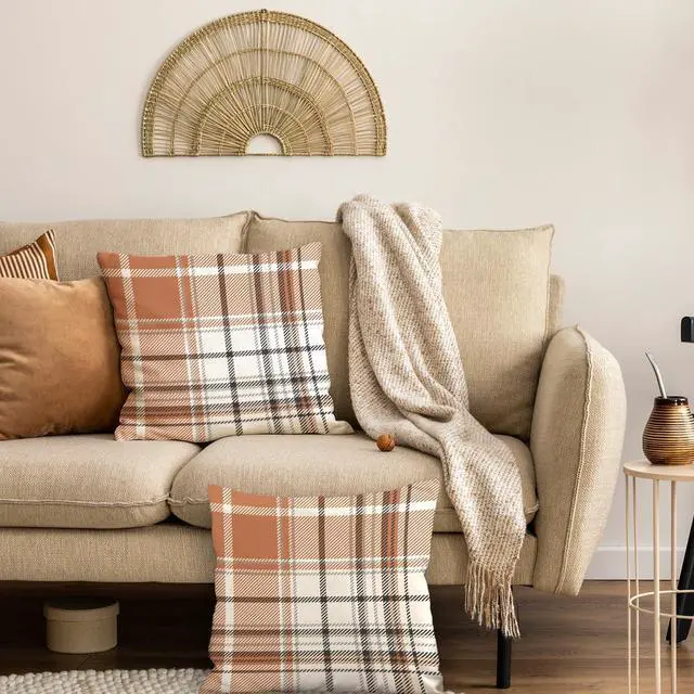 Alt view image 2 of 5 - Set of 2 Fall Pillow Covers Autumn Decorative Throw Pillow Cases 18x18 Inch Orange Grey Plaids Cushion Covers Faux Linen,Farmhouse,Thanksgiving,Home Décor