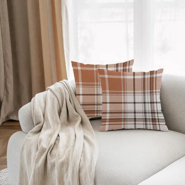Alt view image 3 of 5 - Set of 2 Fall Pillow Covers Autumn Decorative Throw Pillow Cases 18x18 Inch Orange Grey Plaids Cushion Covers Faux Linen,Farmhouse,Thanksgiving,Home Décor