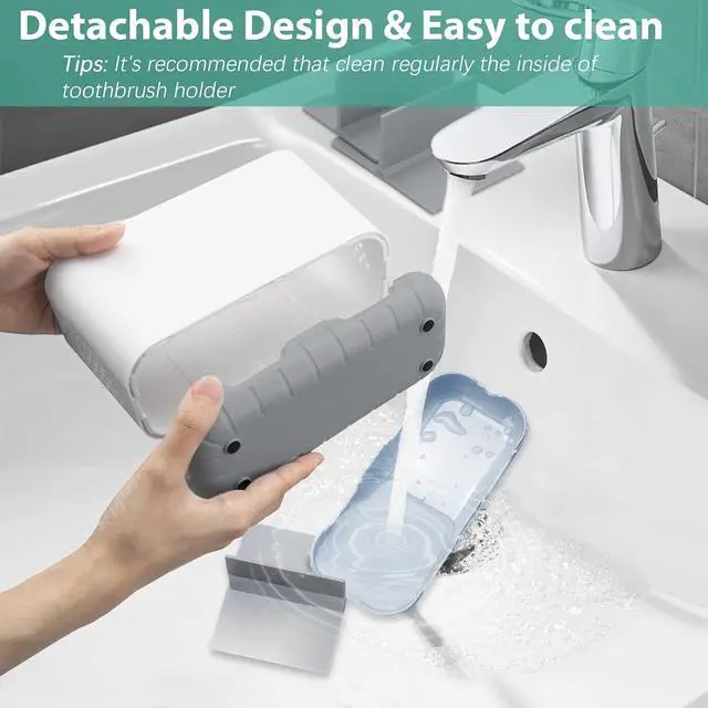 Alt view image 2 of 6 - Toothbrush and Toothpaste Holder Drainage for Bathroom Countertop with Adjustable Dividers, Large Toothpaste Caddy Organizer Storage Rustic Decor Set Anti-Slip for Shower,Family,Kids Gray
