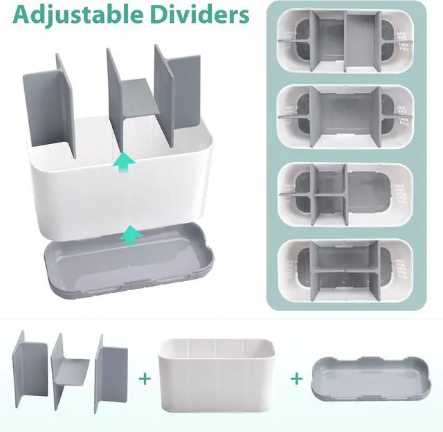 Alt view image 4 of 6 - Toothbrush and Toothpaste Holder Drainage for Bathroom Countertop with Adjustable Dividers, Large Toothpaste Caddy Organizer Storage Rustic Decor Set Anti-Slip for Shower,Family,Kids Gray