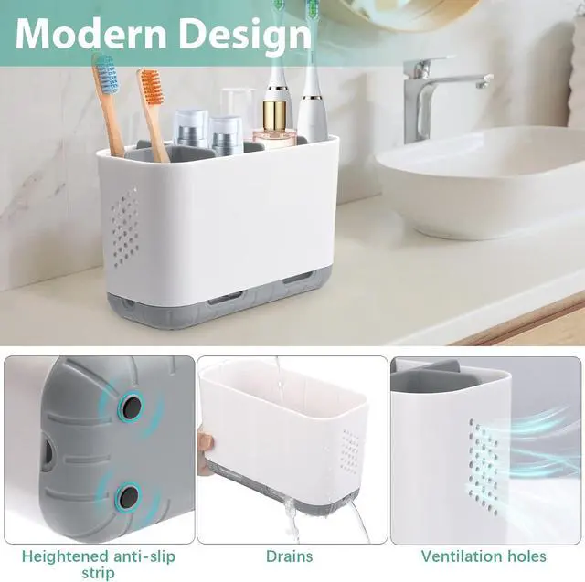 Alt view image 3 of 6 - Toothbrush and Toothpaste Holder Drainage for Bathroom Countertop with Adjustable Dividers, Large Toothpaste Caddy Organizer Storage Rustic Decor Set Anti-Slip for Shower,Family,Kids Gray