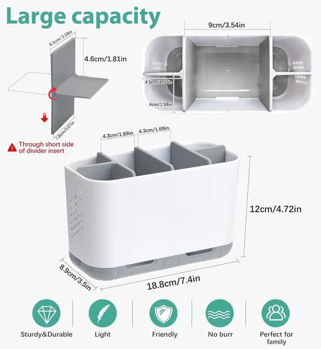 Alt view image 5 of 6 - Toothbrush and Toothpaste Holder Drainage for Bathroom Countertop with Adjustable Dividers, Large Toothpaste Caddy Organizer Storage Rustic Decor Set Anti-Slip for Shower,Family,Kids Gray