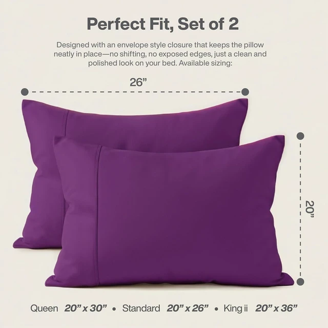 Alt view image 2 of 7 - Standard Pillow Cases Set of 2, Microfiber Cooling Pillowcases, Soft Breathable Envelope Closure Pillow Covers, Wrinkle Free Easy Care Bed Pillowcases, Standard Size 20x26 Inches, Purple