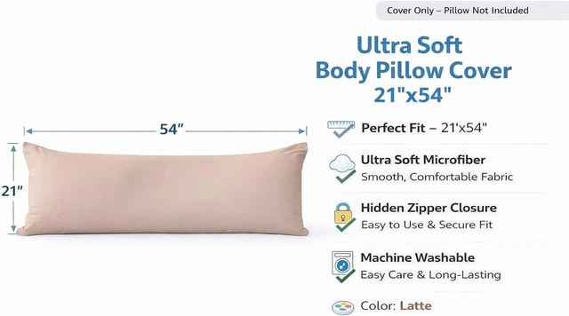 Alt view image 2 of 7 - Body Pillow Cover 21"x54", Ultra Soft Microfiber Pillowcase with Hidden Zipper, Breathable, Machine Washable, for Side Sleepers, Cover Only (21"x54" Body Pillow Cover, Latte)