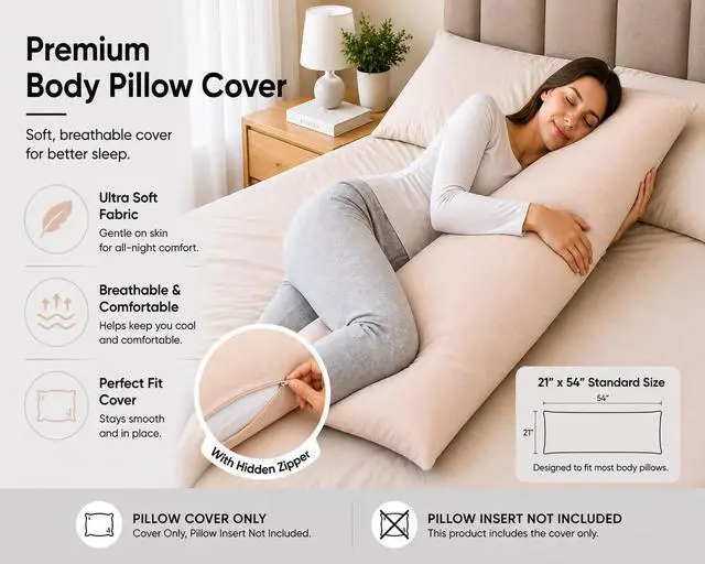 Alt view image 3 of 7 - Body Pillow Cover 21"x54", Ultra Soft Microfiber Pillowcase with Hidden Zipper, Breathable, Machine Washable, for Side Sleepers, Cover Only (21"x54" Body Pillow Cover, Latte)
