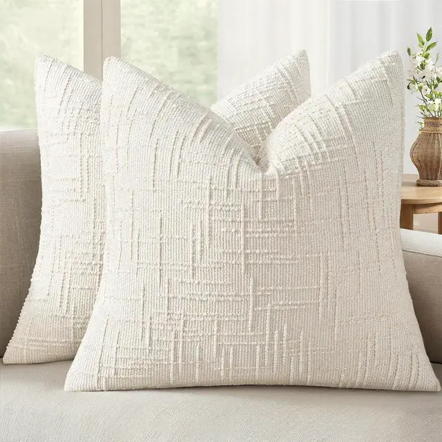 Main image of Chenille Textured Throw Pillow Covers Cream White 18x18 Set of 2