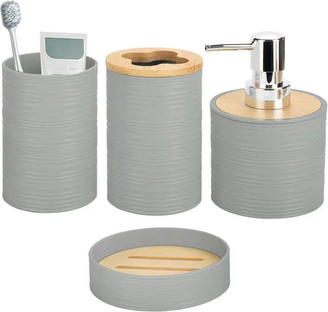 Main image of 4 Piece Bamboo Bathroom Accessories Set, Boho Bathroom Decor, Grey