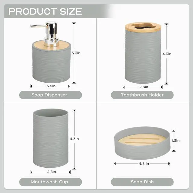 Alt view image 2 of 6 - 4 Piece Bamboo Bathroom Accessories Set, Boho Bathroom Decor, Grey