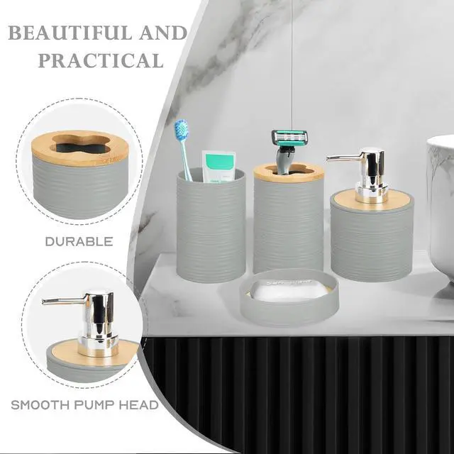 Alt view image 4 of 6 - 4 Piece Bamboo Bathroom Accessories Set, Boho Bathroom Decor, Grey