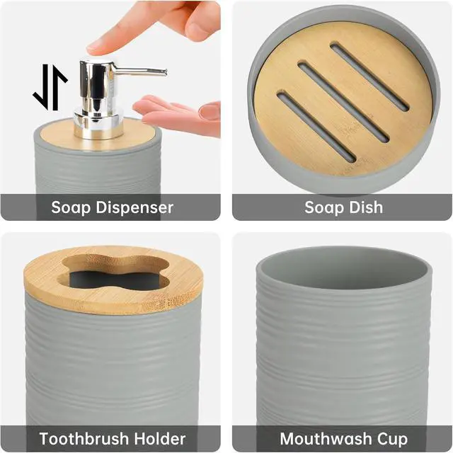 Alt view image 3 of 6 - 4 Piece Bamboo Bathroom Accessories Set, Boho Bathroom Decor, Grey