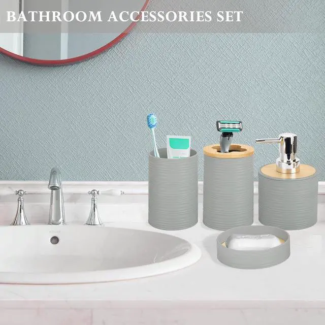 Alt view image 5 of 6 - 4 Piece Bamboo Bathroom Accessories Set, Boho Bathroom Decor, Grey