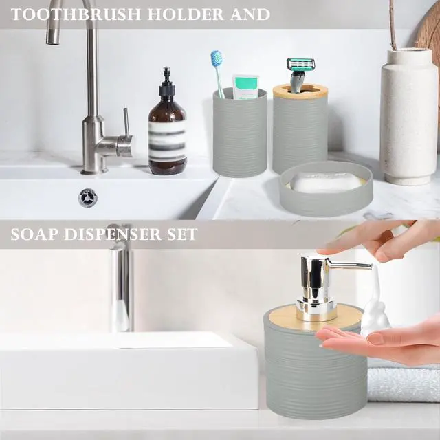 Alt view image 6 of 6 - 4 Piece Bamboo Bathroom Accessories Set, Boho Bathroom Decor, Grey