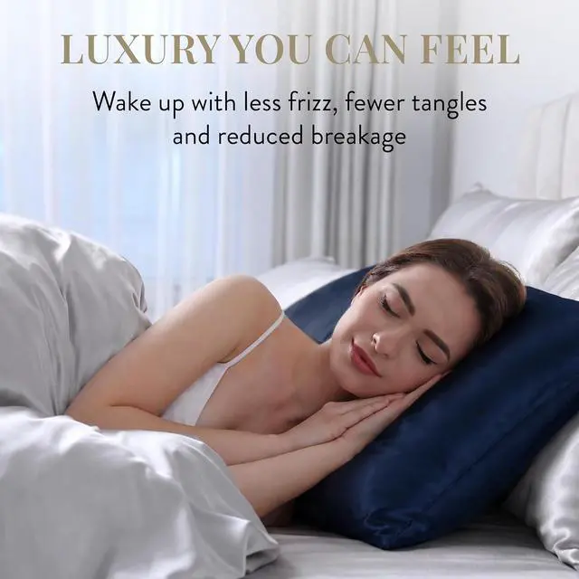Alt view image 6 of 7 - Satin Pillowcase with Zipper, Silky Fabric Protects Hair, Helps Prevent Skin Wrinkles and Creases, Concealed Zipper, Standard/Queen Size, 26 x 21 Inches, Navy