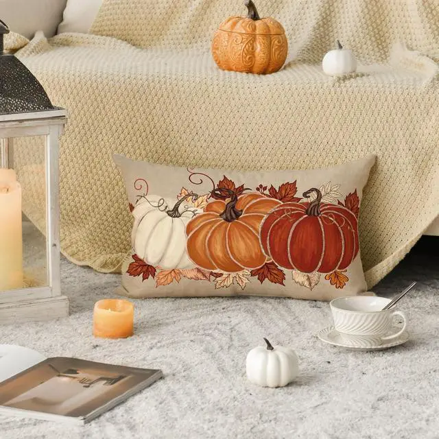 Alt view image 2 of 7 - Fall Orange Pumpkin Leaves Throw Pillow Cover 12x20 Inch