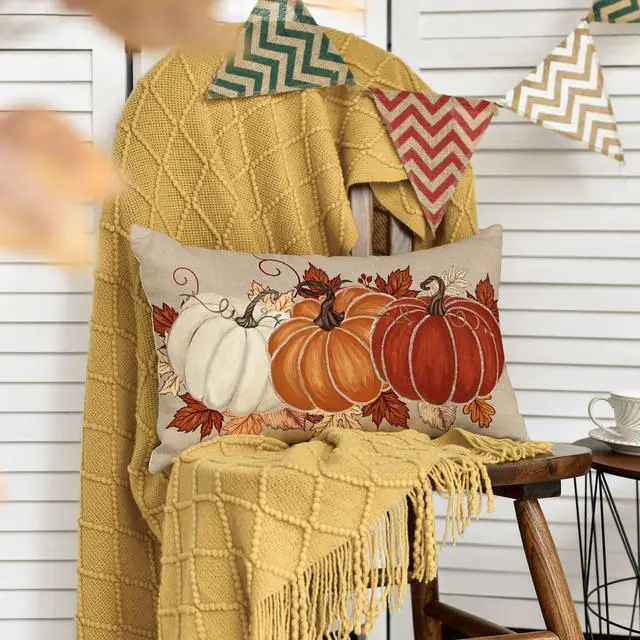 Alt view image 3 of 7 - Fall Orange Pumpkin Leaves Throw Pillow Cover 12x20 Inch