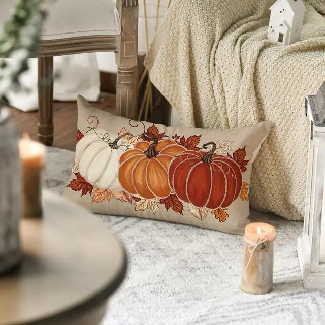 Alt view image 4 of 7 - Fall Orange Pumpkin Leaves Throw Pillow Cover 12x20 Inch