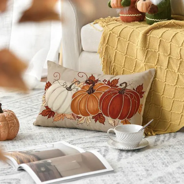 Alt view image 5 of 7 - Fall Orange Pumpkin Leaves Throw Pillow Cover 12x20 Inch