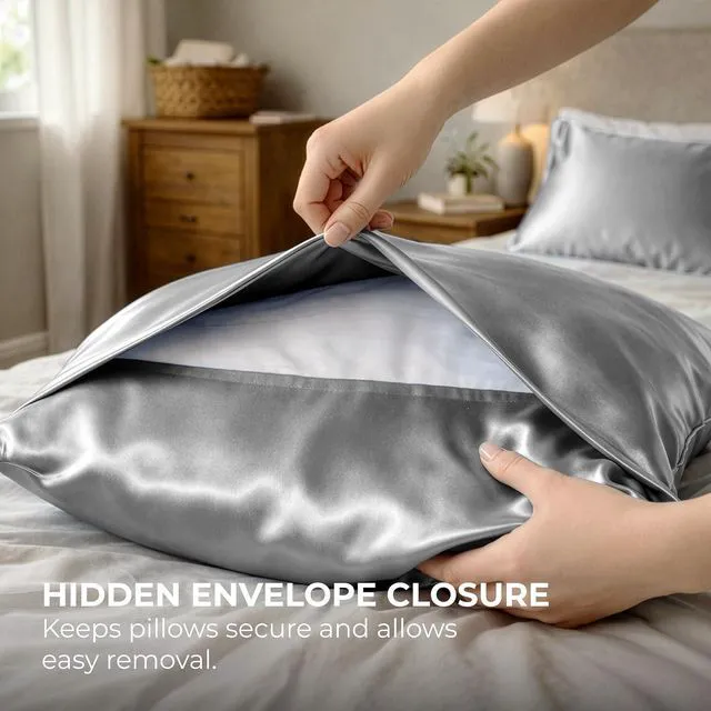 Alt view image 7 of 7 - Satin Pillowcase 2 Pack - King Size (20"x40", Grey) - Silky Pillow Cases for Hair and Skin - Satin Pillow Covers with Envelope Closure - Extra Soft Premium Microfiber