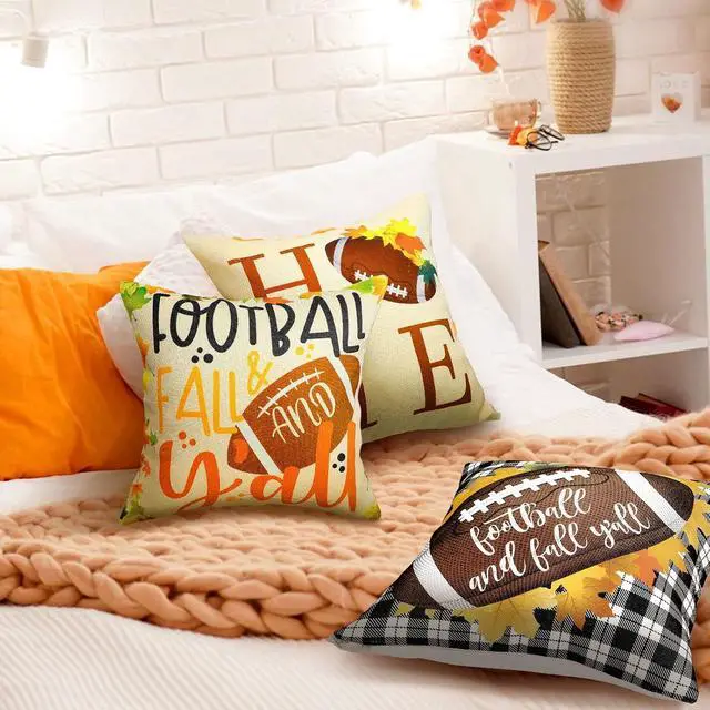 Alt view image 4 of 7 - 4 Pcs Fall Football Pillow Covers Cotton Linen Throw Cushion Cover 18" x 18" Farmhouse Pillowcases with Words Autumn Decorations for Home(Football Style)