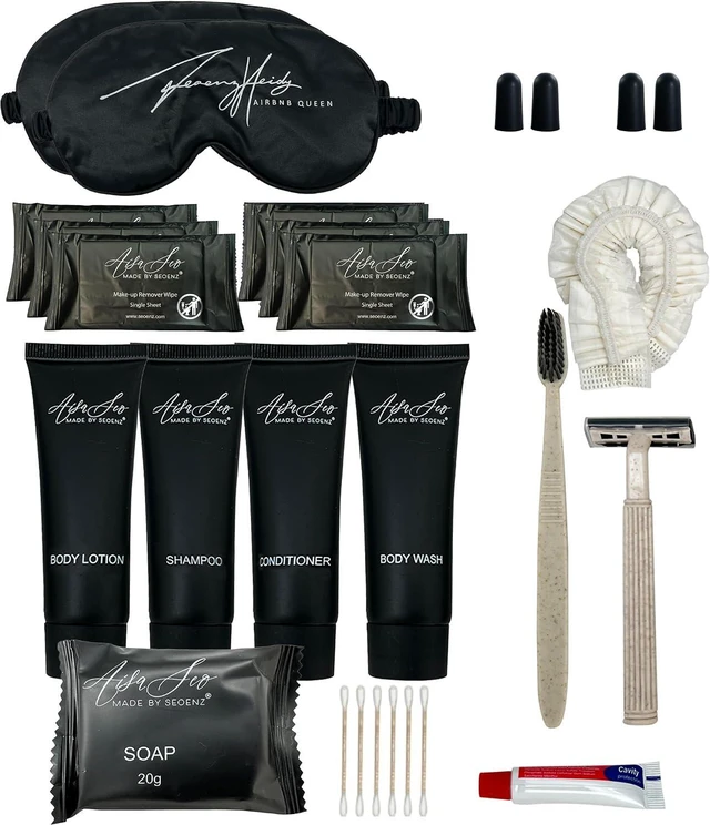 Main image of 24 Piece Toiletry Kit for Hotels & Airbnb | 1oz Shampoo, Conditioner, Body Wash, Body Lotion, Bar Soap, Shower Cap, Razor, Toothbrush Set, Qtips & Makeup Remover Wipes (Toiletry Kit, 1)