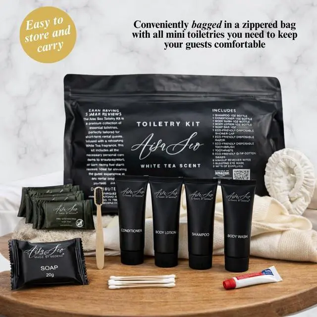 Alt view image 3 of 7 - 24 Piece Toiletry Kit for Hotels & Airbnb | 1oz Shampoo, Conditioner, Body Wash, Body Lotion, Bar Soap, Shower Cap, Razor, Toothbrush Set, Qtips & Makeup Remover Wipes (Toiletry Kit, 1)