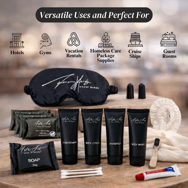Alt view image 4 of 7 - 24 Piece Toiletry Kit for Hotels & Airbnb | 1oz Shampoo, Conditioner, Body Wash, Body Lotion, Bar Soap, Shower Cap, Razor, Toothbrush Set, Qtips & Makeup Remover Wipes (Toiletry Kit, 1)