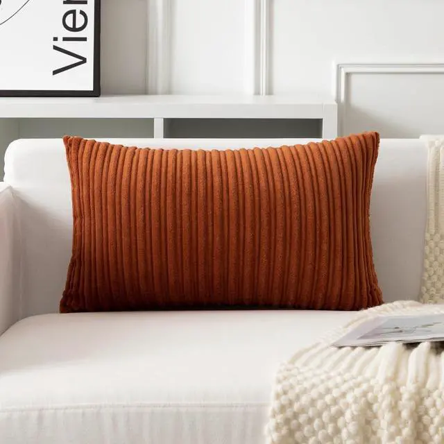 Main image of UGASA Fall Velvet 12x20 Inch Lumbar Soft Throw Pillow Cover Boho Farmhouse Decorative Corduroy Striped Both Sides Solid Rectangular Cushion Case for Couch Bedroom Sofa Home, 1 Piece, Burnt Orange