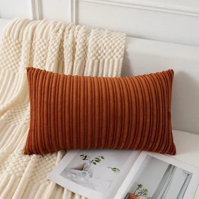 Alt view image 2 of 6 - UGASA Fall Velvet 12x20 Inch Lumbar Soft Throw Pillow Cover Boho Farmhouse Decorative Corduroy Striped Both Sides Solid Rectangular Cushion Case for Couch Bedroom Sofa Home, 1 Piece, Burnt Orange