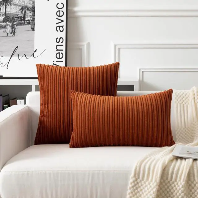Alt view image 3 of 6 - UGASA Fall Velvet 12x20 Inch Lumbar Soft Throw Pillow Cover Boho Farmhouse Decorative Corduroy Striped Both Sides Solid Rectangular Cushion Case for Couch Bedroom Sofa Home, 1 Piece, Burnt Orange