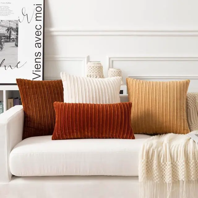 Alt view image 5 of 6 - UGASA Fall Velvet 12x20 Inch Lumbar Soft Throw Pillow Cover Boho Farmhouse Decorative Corduroy Striped Both Sides Solid Rectangular Cushion Case for Couch Bedroom Sofa Home, 1 Piece, Burnt Orange