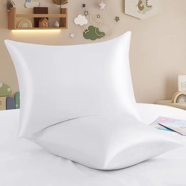Main image of 2 Pack Zippered Satin Toddler Pillowcases 13x18 Inch - Silky Soft Toddler Pillow Cases with Hidden Zipper, Travel Pillow Covers for Boys & Girls, White