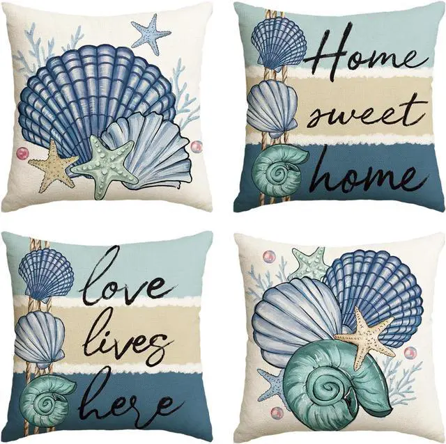 Main image of Summer Ocean Sea Shell Home Sweet Home Throw Pillow Covers, 18 x 18 Inch Love Lives Here Conch Starfish Coral Holiday Seasonal Cushion Case Decorations Set of 4