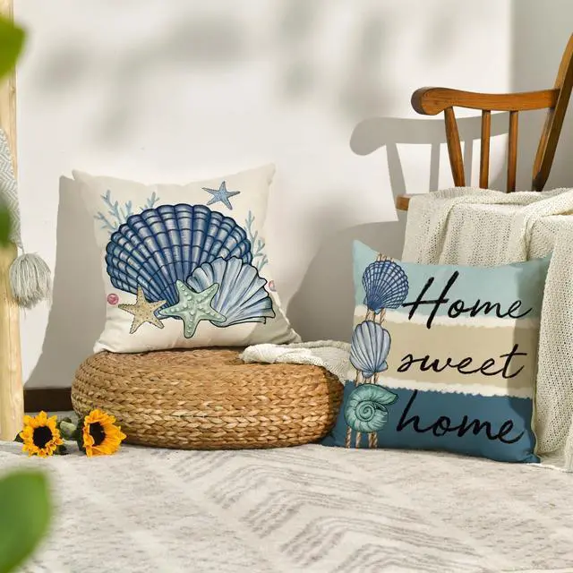 Alt view image 4 of 7 - Summer Ocean Sea Shell Home Sweet Home Throw Pillow Covers, 18 x 18 Inch Love Lives Here Conch Starfish Coral Holiday Seasonal Cushion Case Decorations Set of 4