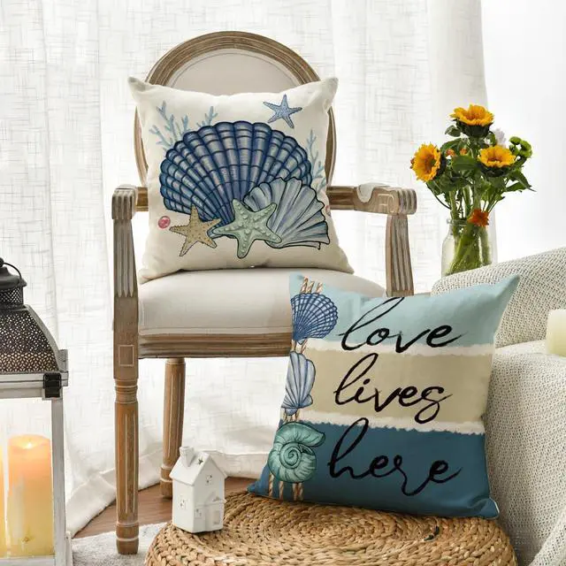 Alt view image 3 of 7 - Summer Ocean Sea Shell Home Sweet Home Throw Pillow Covers, 18 x 18 Inch Love Lives Here Conch Starfish Coral Holiday Seasonal Cushion Case Decorations Set of 4